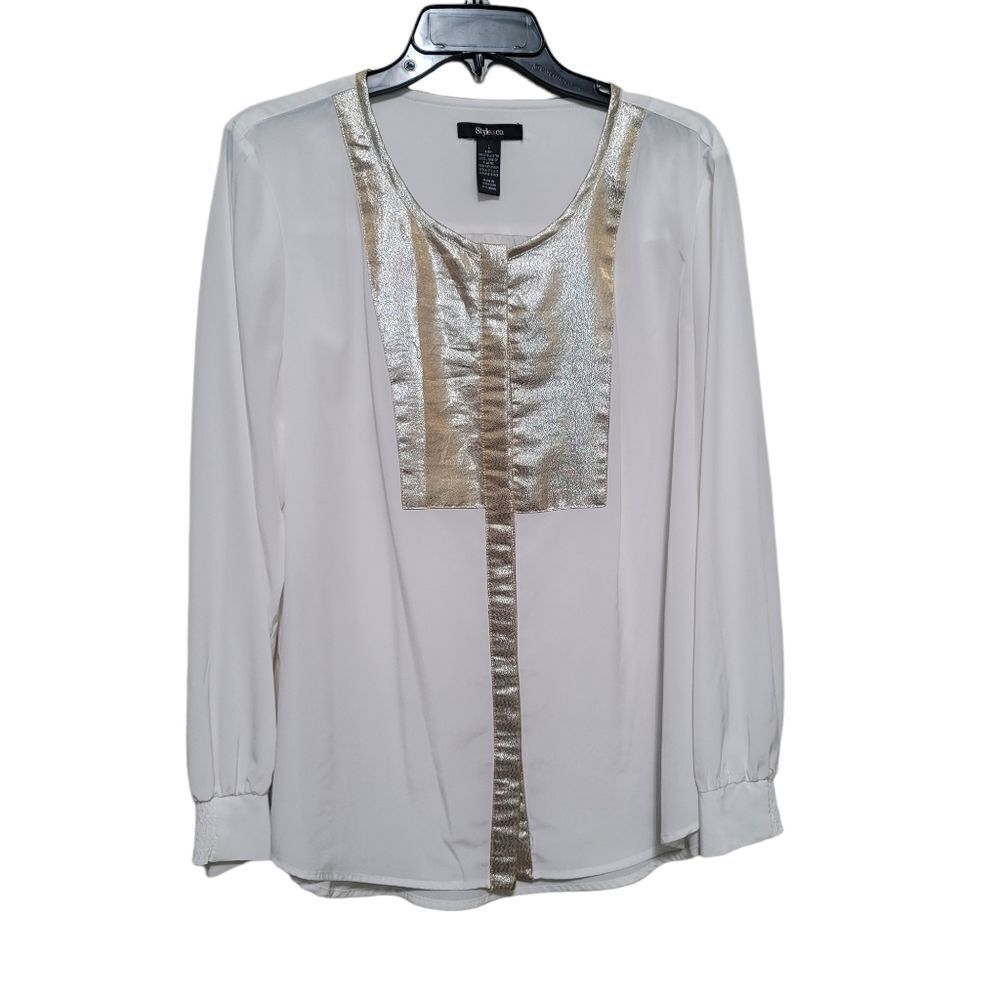 Style & Co. White and Gold Blouse L